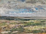 une peinture à l'huile représentant un champ avec un plan d'eau au loin