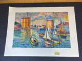 a picture of a painting of boats in the water