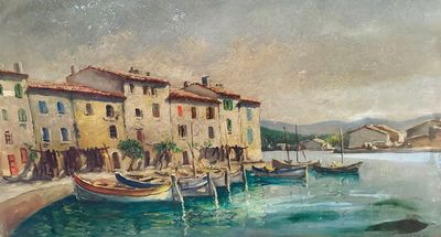 une peinture de bateaux dans un port avec des bâtiments à l'arrière-plan