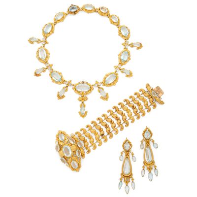Parure “Aigues-marines” Collier, bracelet et paire de pendan…