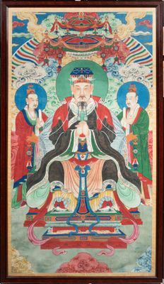 a painting of a man sitting on a throne in a room