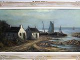 a picture of a painting of a house by the water