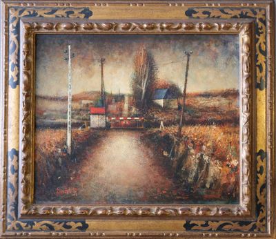 an oil painting of a farm scene in a gold frame
