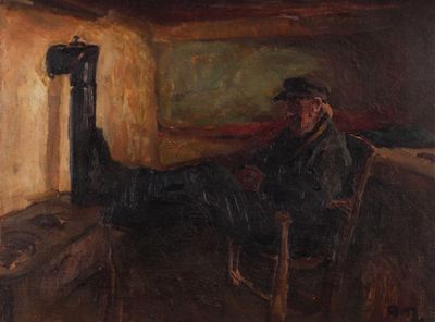 painting of a man sitting in a chair in a room