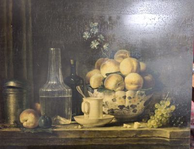 une photo d'un tableau représentant une nature morte avec des fruits et une bouteille