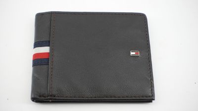 Portefeuille Tommy Hilfiger en cuir noir à rayures rouges, blanches et bleues