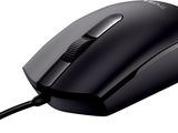 La souris d'ordinateur est noire et est équipée d'un fil noir.