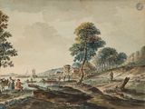 un tableau représentant un groupe de personnes au bord d'une rivière