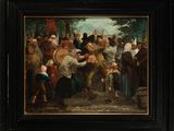 painting of a group of people standing around a man holding a sword