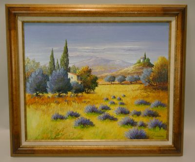 an oil painting of a field of lavenders with a house in the distance