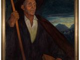 une peinture à l'huile représentant un homme tenant un bâton et un livre