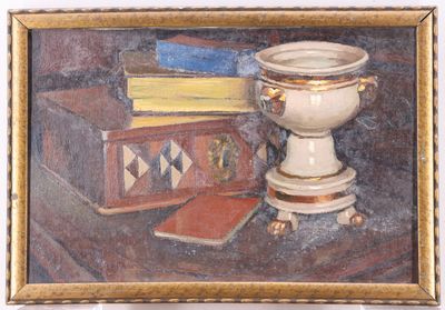 a painting of a vase and books on a table