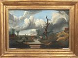 peinture représentant un paysage avec un moulin à vent et une rivière au premier plan