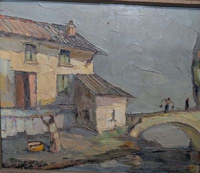 tableau représentant un tableau dans lequel figurent une maison et un pont devant un bâtiment