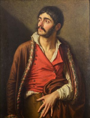a painting of a man with a beard and a red shirt