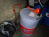 a large metal barrel with an orange handle next to a blue barrel with a red handle