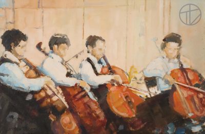 un tableau représentant un groupe de personnes jouant du violoncelle