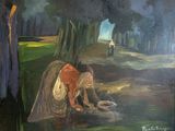 un tableau représentant une femme en train de se laver les mains dans l'eau