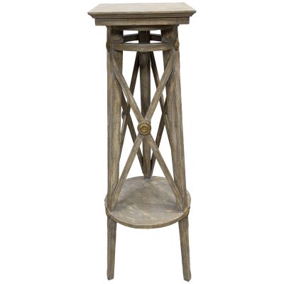 an image of a wooden table with a shelf underneath it