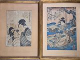 deux gravures encadrées représentant une femme et un enfant assis sur un banc