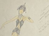 dessin représentant une femme vêtue d'une robe noire et blanche et coiffée d'un chapeau