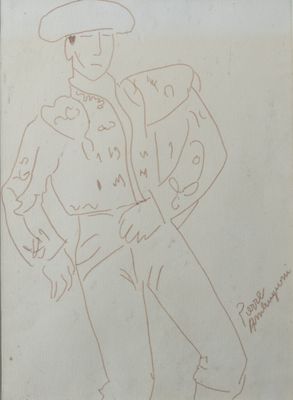 drawing of a man in a cowboy outfit with a hat and jacket
