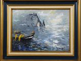 an oil painting of a boat on the water with a mountain in the background