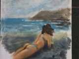 a painting of a woman in a bikini in the water