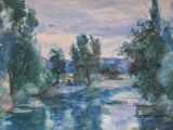 une peinture d'une rivière avec des arbres en arrière-plan