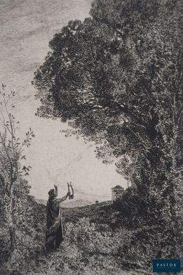 dessin représentant un homme tenant un oiseau dans la main devant un arbre
