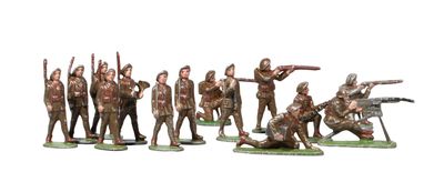 figurines of soldiers with weapons and weapons on a white background