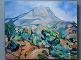 a painting of a mountain with trees in the foreground