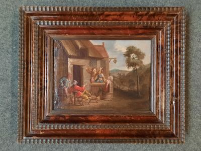 tableau encadré représentant une réunion de famille dans une cour de ferme