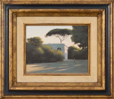 une image représentant un tableau où l'on voit un petit bâtiment au milieu d'un parc