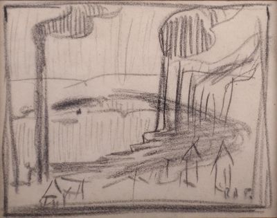 pencil drawing of a view of a city from a window