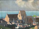 a painting of a town by the water with a sky background