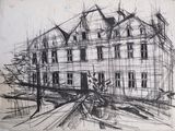 drawing of a building with a bicycle parked in front of it