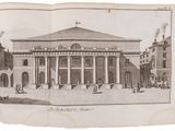 a drawing of a building with a clock on the front of it