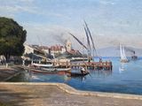 a painting of a harbor scene with boats on the water