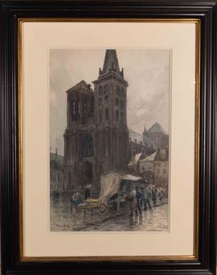 painting of a church with a horse drawn carriage in front of it