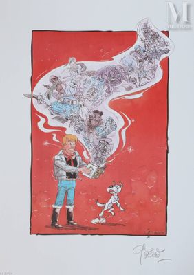 dessin représentant un homme et un chien sur fond rouge