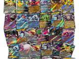 a pile of pokemon trading cards sitting on top of each other
