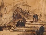 dessin représentant un pont sur lequel marchent des personnes, avec un bateau dans l'eau