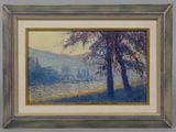 painting of a landscape with trees and a river in the foreground
