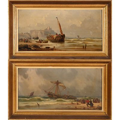 deux tableaux représentant des bateaux sur la plage et un bateau dans l'eau