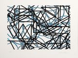 une image représentant un dessin noir et bleu sur une feuille blanche