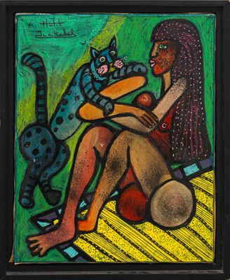 une image représentant un tableau où l'on voit une femme avec un chat sur les genoux
