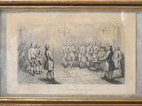 an old drawing of a group of people standing in a room