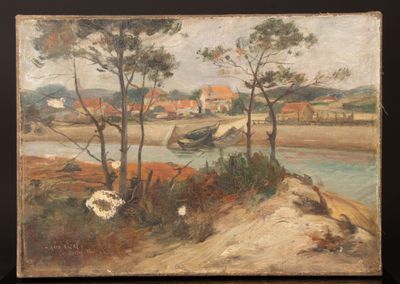 painting of a landscape with a river and a village in the distance
