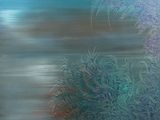 abstract painting of a river and trees with a blue sky in the background